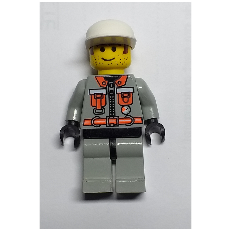 LEGO Fireman, Light Gray Fire Suit with Zipper, Gauge, and Pouches, White Cap, Printed Hair and Stubble (fig-008146)