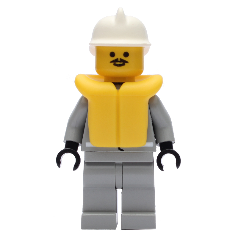 LEGO Fireman, Shirt with Gauge and Pocket, Light Gray Legs, White Helmet, Yellow Life Vest (fig-008148)