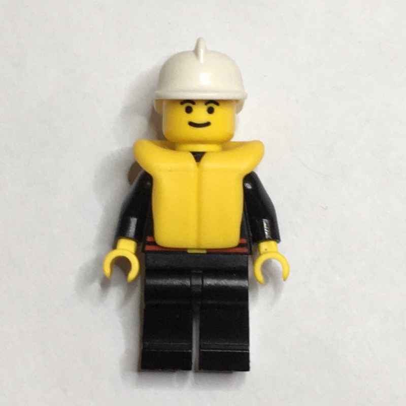LEGO Fireman, Black Fire Jacket with Red Belt and Badge, White Helmet, Yellow Life Vest (fig-008149)
