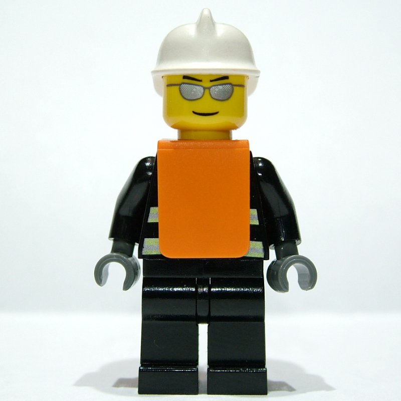 LEGO Fireman, Black Fire Jacket with Reflective Stripes, Radio, and Badge, White Helmet, Orange Vest, Silver Sunglasses (fig-008150)