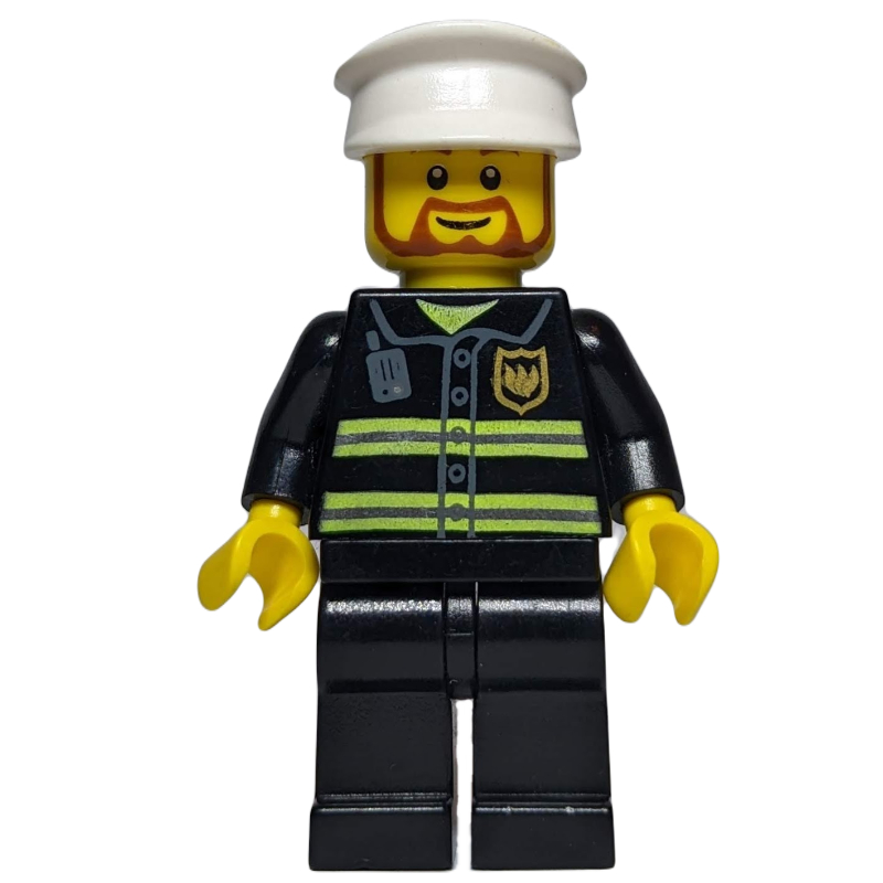 LEGO Fireman, Black Fire Jacket with Reflective Stripes, Radio, and Badge, White Hat, Beard (fig-008151)