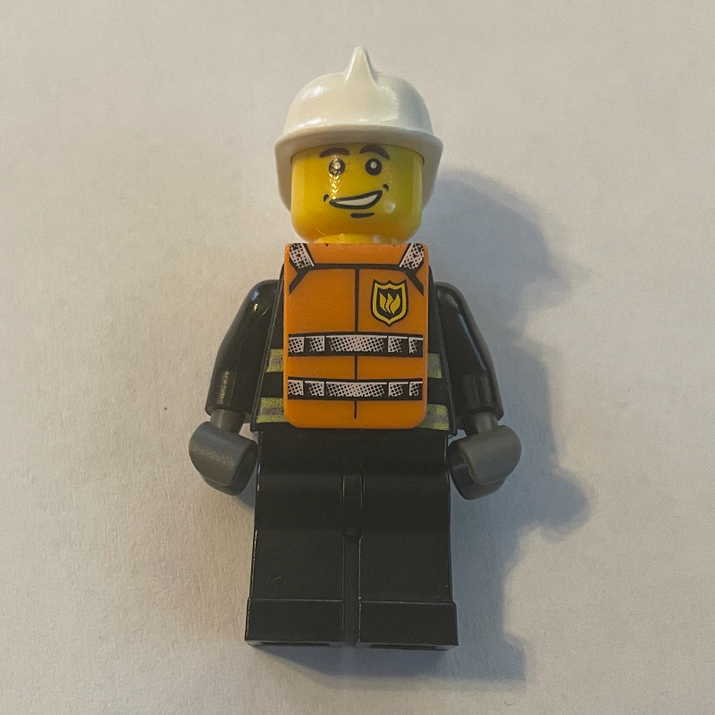 LEGO Fireman, Black Fire Jacket with Reflective Stripes, Radio, and Badge, White Helmet, Orange Vest (fig-008152)