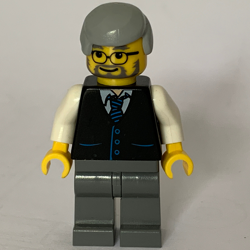 LEGO Man, Black Vest over White Shirt with Tie, Dark Bluish Gray Legs, Light Bluish Gray Hair, Beard and Glasses (fig-008169)