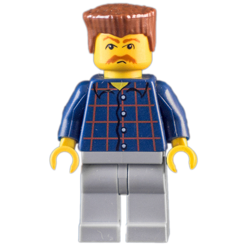 LEGO Man, Dark Blue Plaid Shirt, Light Bluish Gray Legs, Reddish Brown Hair, Moustache (fig-008171)