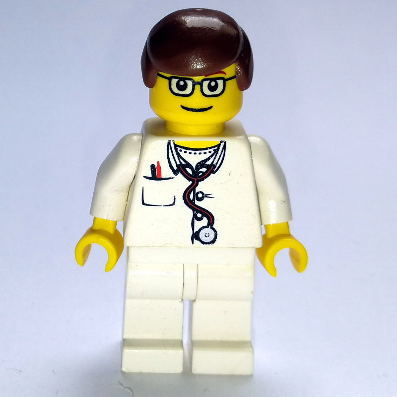 LEGO Doctor, White Torso with Stethoscope and Pocket, White Legs, Reddish Brown Hair, Glasses (fig-008172)