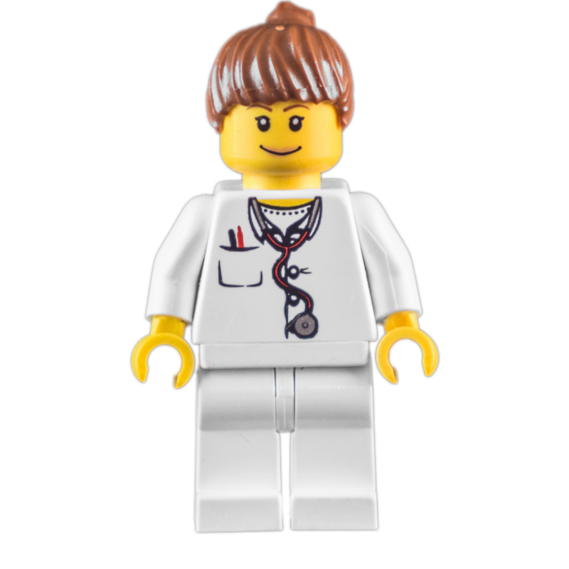 LEGO Doctor, Woman, White Torso with Stethoscope and Pocket, White Legs, Reddish Brown Ponytail (fig-008176)