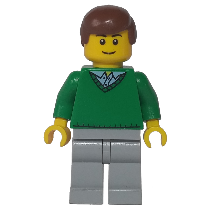 LEGO Man, Green V-Neck Sweater, Light Bluish Gray Legs, Reddish Brown Hair (fig-008179)