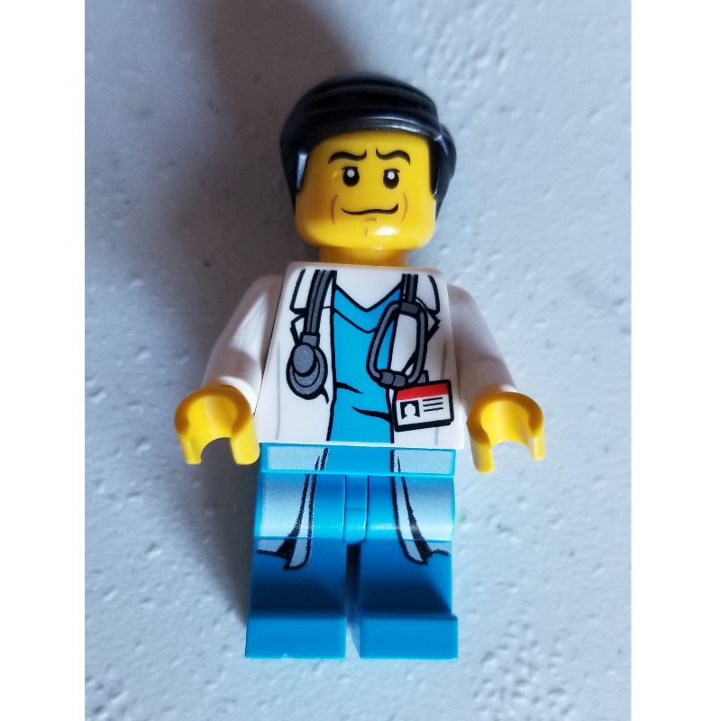 LEGO Doctor, White Lab Coat over Dark Azure Scrubs with ID Badge and Stethoscope, Black Hair (fig-008180)