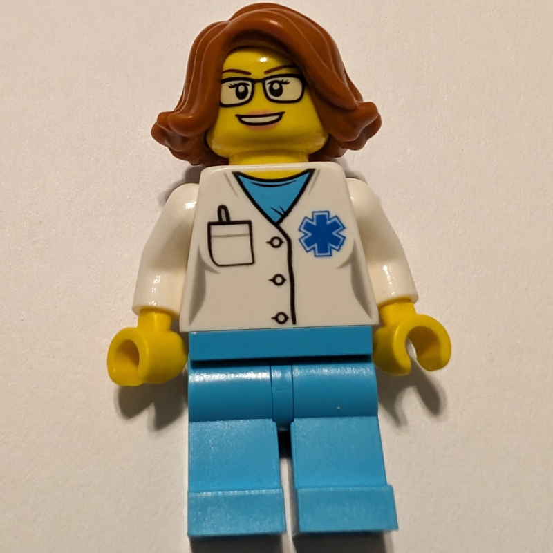 LEGO Doctor Grey, Woman, White Shirt over Medium Azure Scrubs with Star of Life and Pocket, Dark Orange Hair, Glasses (fig-008183)