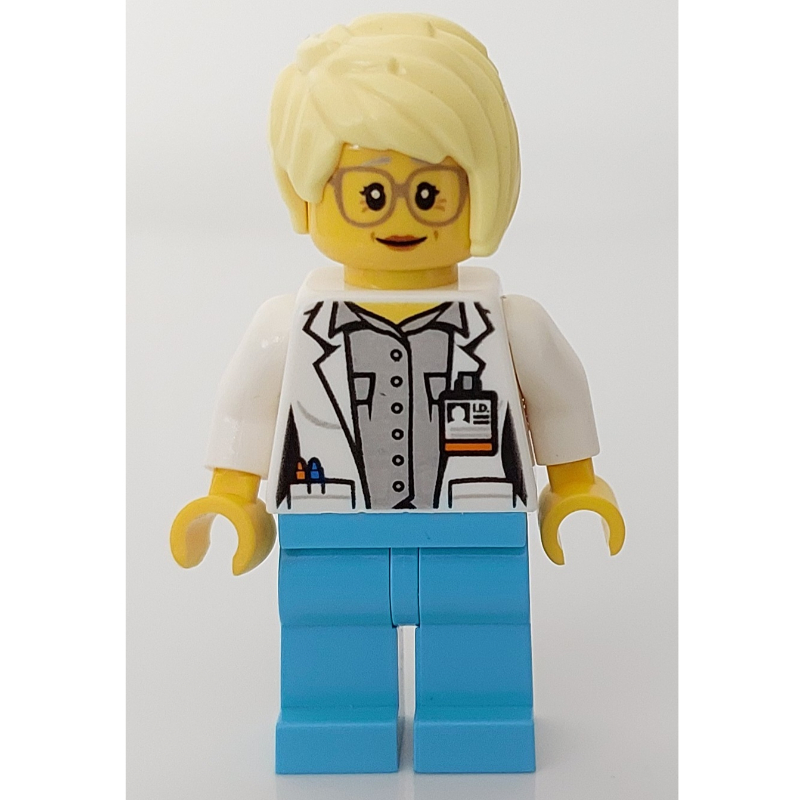 LEGO Doctor Mink, Woman, Open White Jacket over Light Bluish Gray Shirt with Pockets and ID Badge, Bright Light Yellow Hair, Glasses (fig-008184)