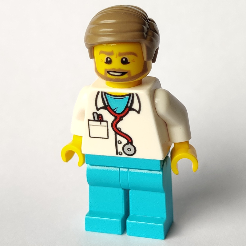 LEGO Doctor Tuck, White Shirt over Medium Azure Scrubs with Stethoscope and Pocket, Dark Tan Hair, Beard (fig-008185)