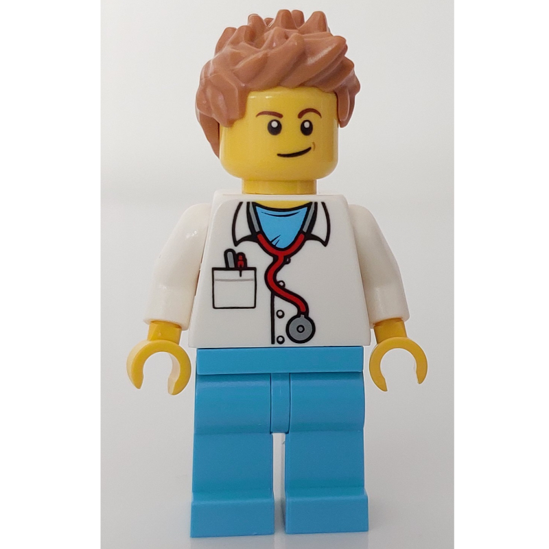 LEGO Doctor Mack, White Shirt over Medium Azure Scrubs with Stethoscope and Pocket, Medium Nougat Hair (fig-008186)