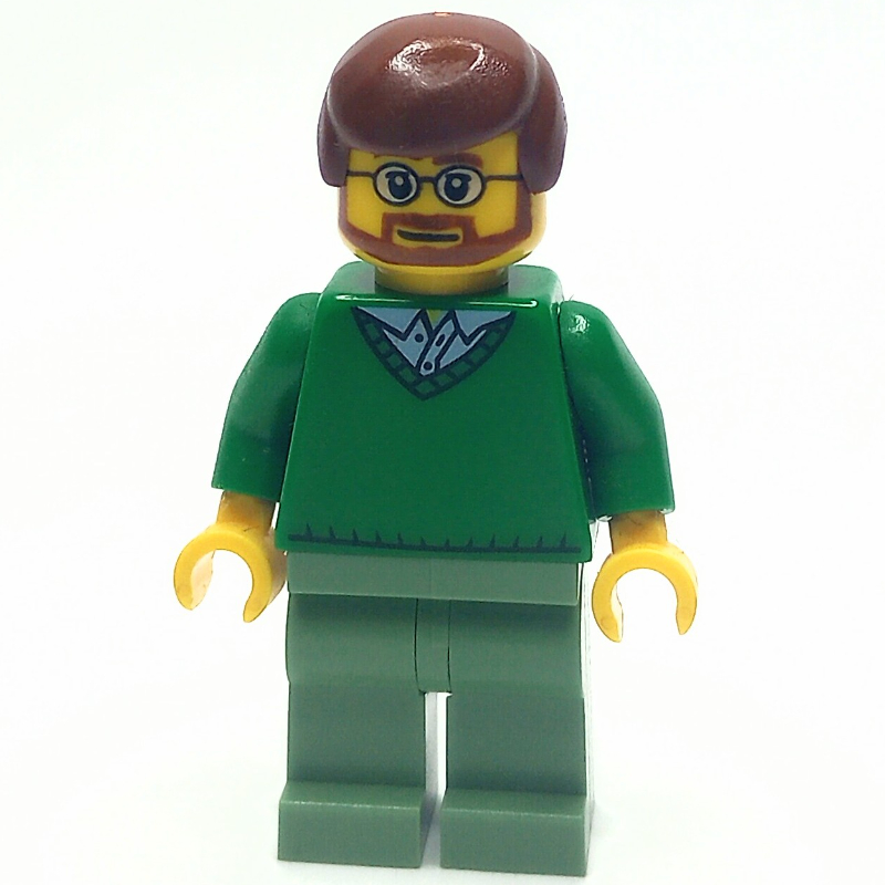 LEGO Man, Green V-Neck Sweater, Sand Green Legs, Reddish Brown Hair, Beard and Glasses (fig-008188)