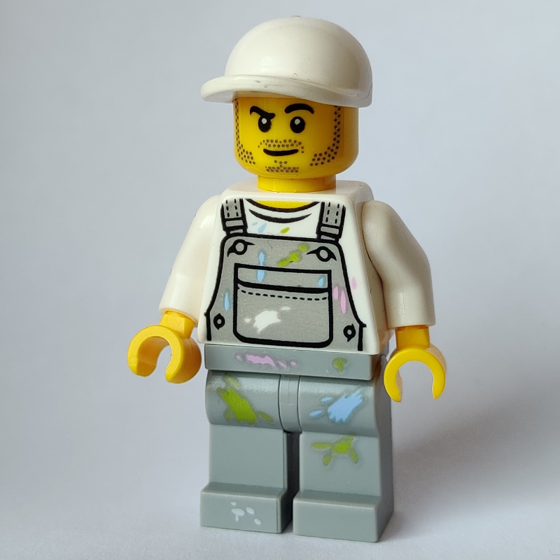 LEGO Man, Light Bluish Gray Overalls with Paint Stains, White Cap, Stubble (fig-008191)