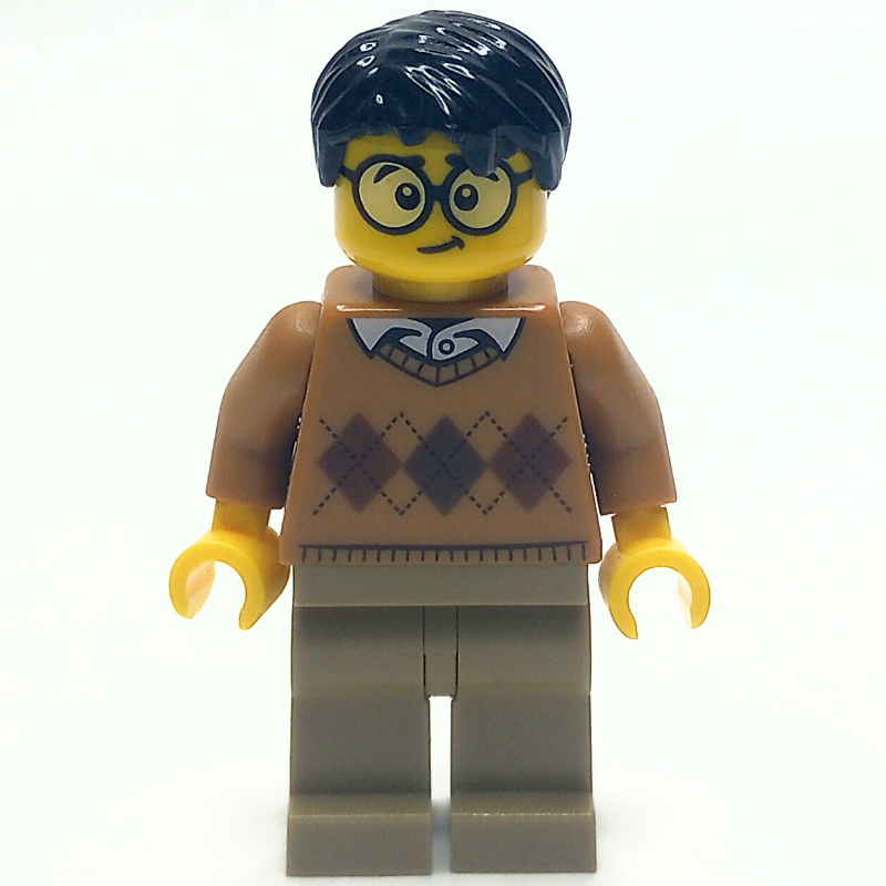 LEGO Man, Medium Dark Argyle Sweater, Dark Tan Legs, Black Hair, Glasses (fig-008192)