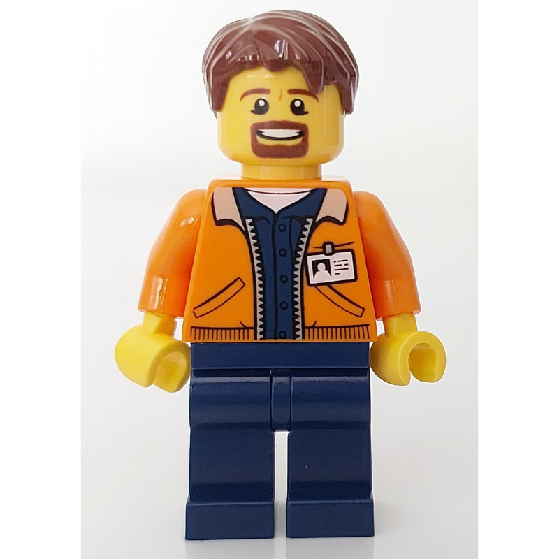 LEGO Man, Open Orange Jacket over Dark Blue Shirt, Reddish Brown Hair, Goatee Beard (fig-008193)