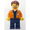 Man, Open Orange Jacket over Dark Blue Shirt, Reddish Brown Hair, Goatee Beard