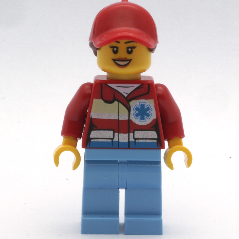 LEGO Paramedic, Woman, Red Jacket with Star of Life, Red Cap with Hair, Open Mouth (fig-008195)