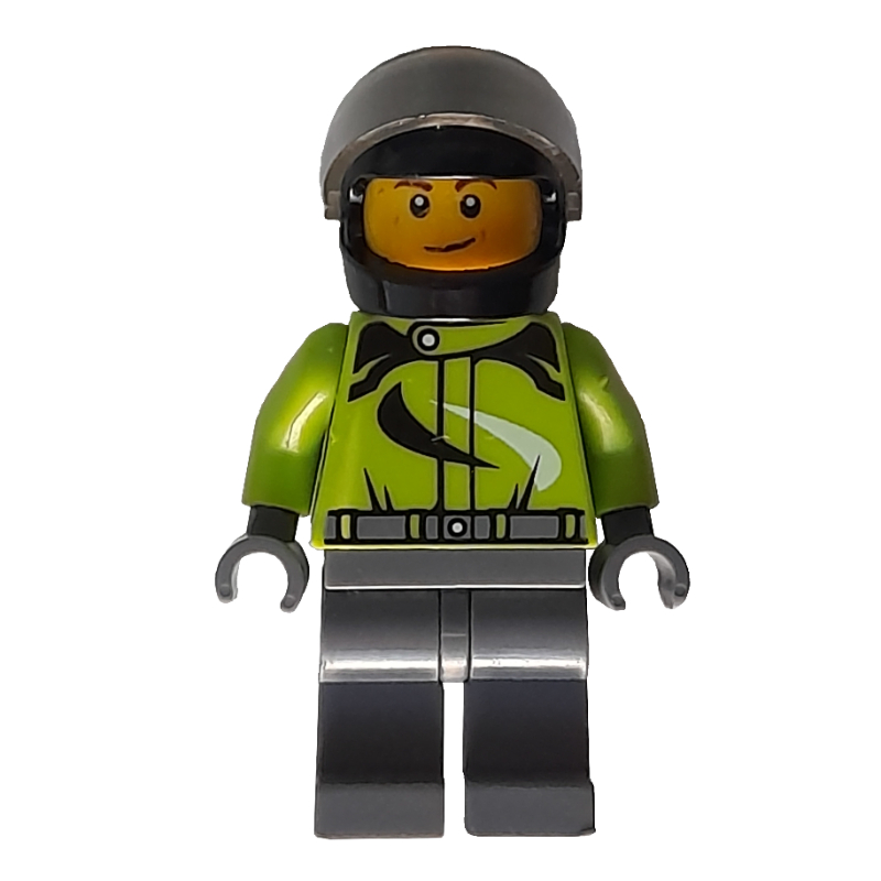 LEGO Racer, Lime Jacket, Dark Bluish Gray Legs, Black Helmet with Visor (fig-008198)