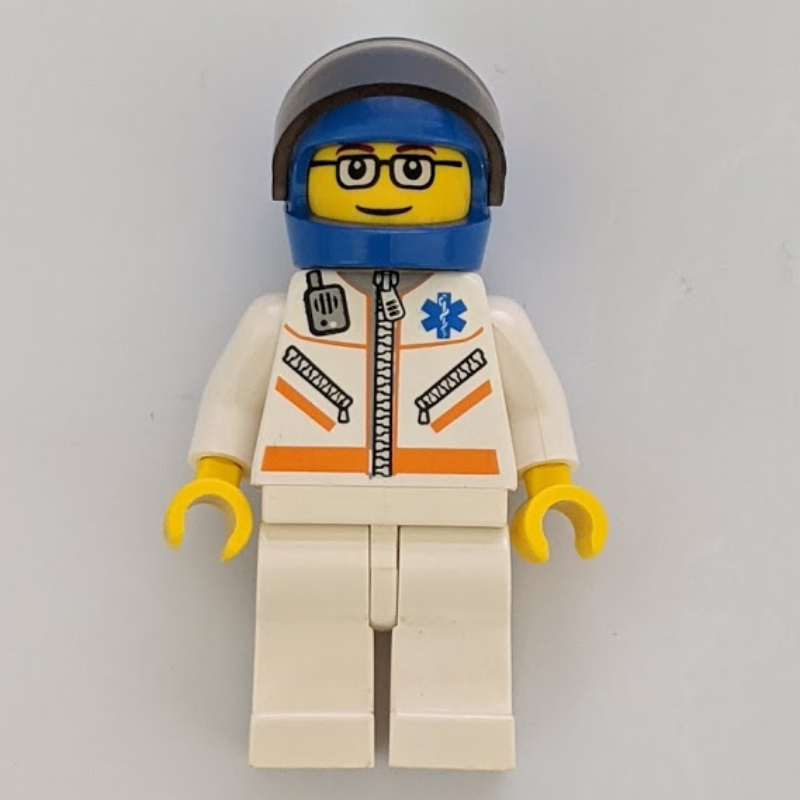 LEGO Paramedic, White Jacket with Zipper, Radio and Star of Life, Blue Helmet with Visor, Glasses (fig-008200)