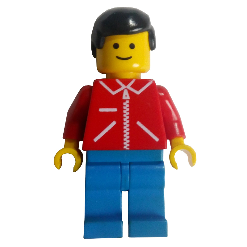 LEGO Man, Red Jacket with Zipper, Blue Legs, Black Hair (fig-008209)