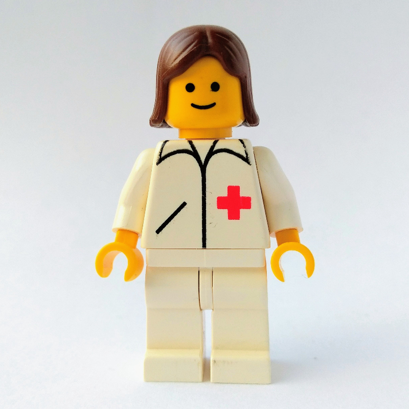 LEGO Doctor, Woman, White Jacket with Red Cross, White Legs, Brown Hair (fig-008211)