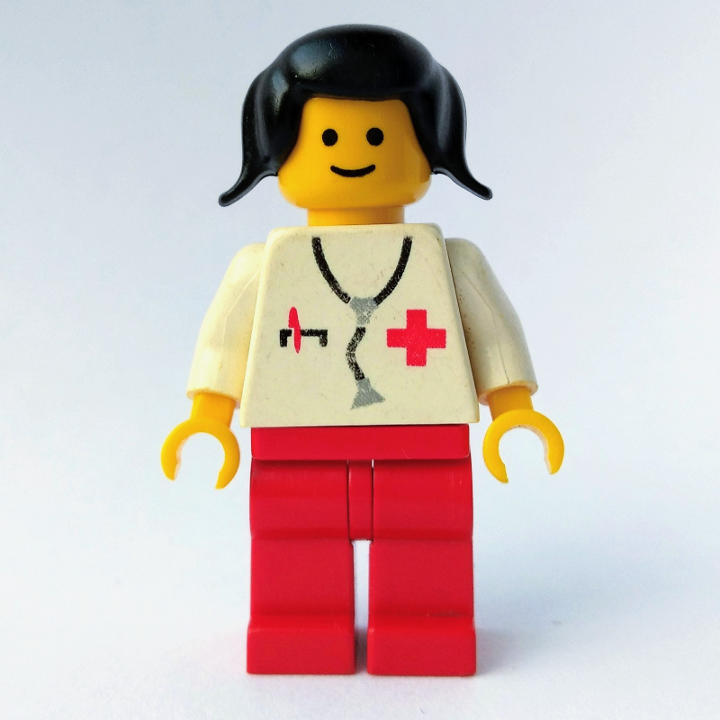 LEGO Doctor, Woman, White Torso with Stethoscope and Red Cross, Red Legs, Black Hair (3626a Head) (fig-008214)