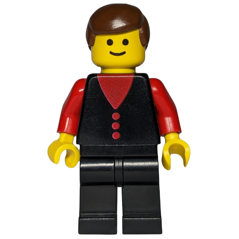 LEGO Man, Black Vest over Red Shirt, Black Legs, Brown Hair (fig-008215)
