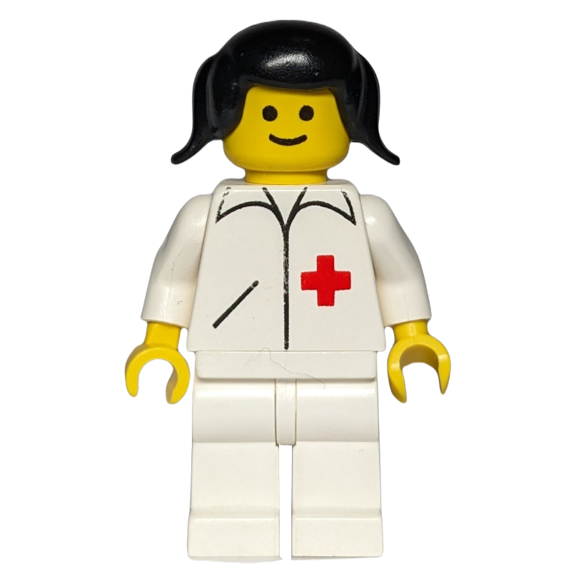 LEGO Doctor, Woman, White Jacket with Red Cross, White Legs, Black Pigtails (fig-008221)