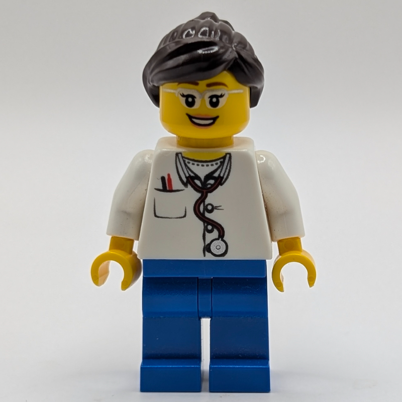 LEGO Doctor, Woman, White Shirt with Pocket and Stethoscope, Blue Legs, Dark Brown Hair, Glasses (fig-008223)