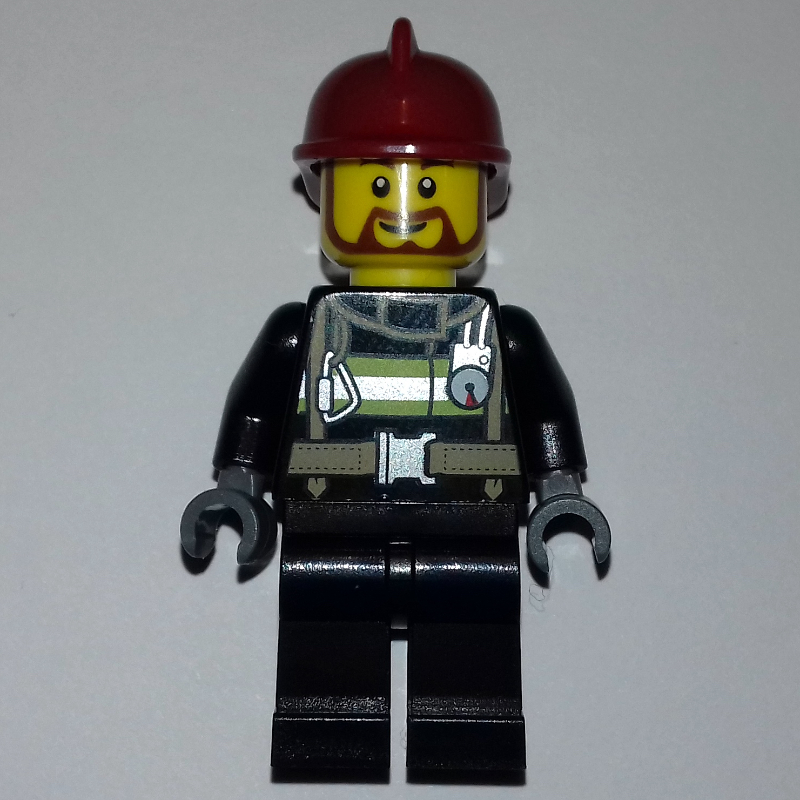 LEGO Fireman, Black Fire Suit with Gauge and Straps, Black Legs, Dark Red Helmet, Beard (fig-008224)