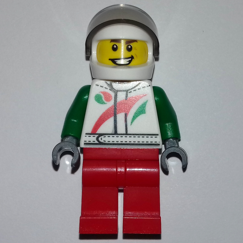 LEGO Racer, White and Green Jacket with Octan Logo, Red Legs, White Helmet with Trans-Brown  Visor (fig-008225)