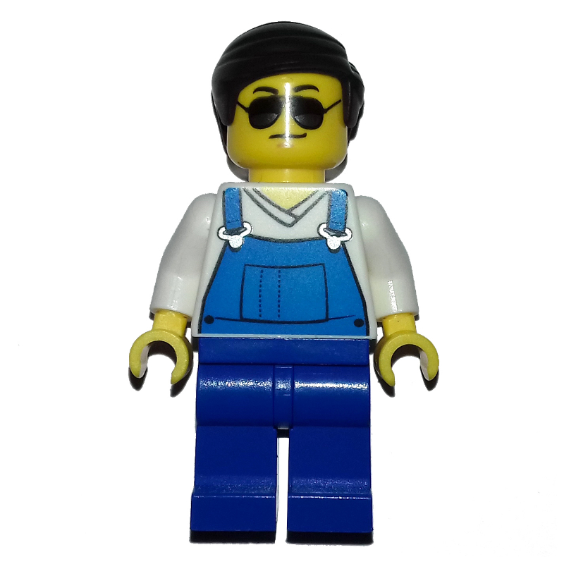 LEGO Man, Blue Overalls over White V-Neck Shirt, Dark Brown Hair, Sunglasses (fig-008226)
