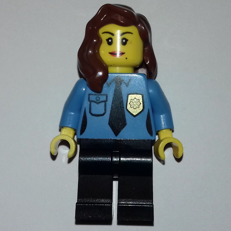 LEGO Policewoman, Medium Blue Shirt with Tie and Badge, Black Legs, Reddish Brown Hair (fig-008227)