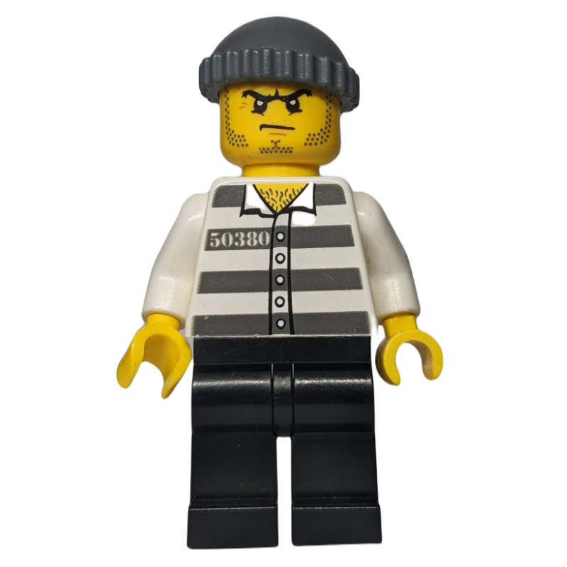 LEGO Criminal, Prison Shirt with #50380, Black Legs, Dark Bluish Gray Hat (fig-008228)