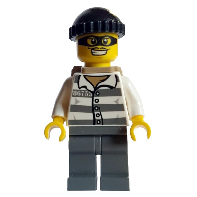 LEGO Criminal, Prison Shirt with #86753, Dark Bluish Gray Legs, Black Hat, Backpack, Black Eyemask (fig-008231)