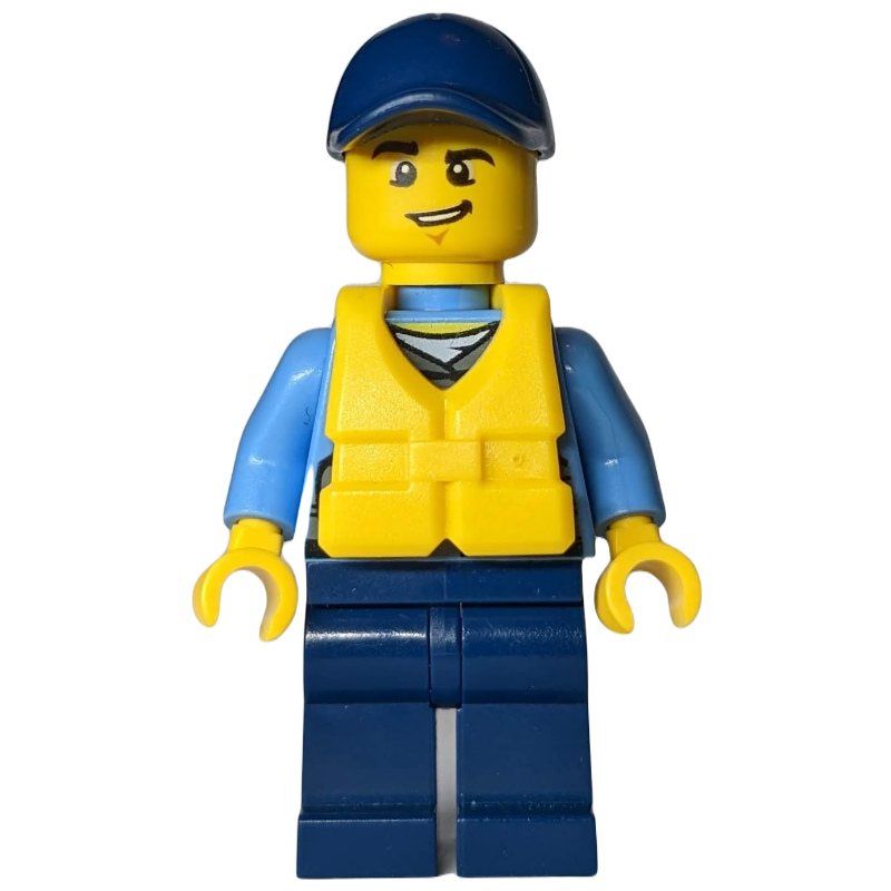 LEGO Policeman, Dark Bluish Gray Vest with Radio, Badge and Pouches over Medium Blue Shirt, Dark Blue Cap, Yellow Life Vest (fig-008234)