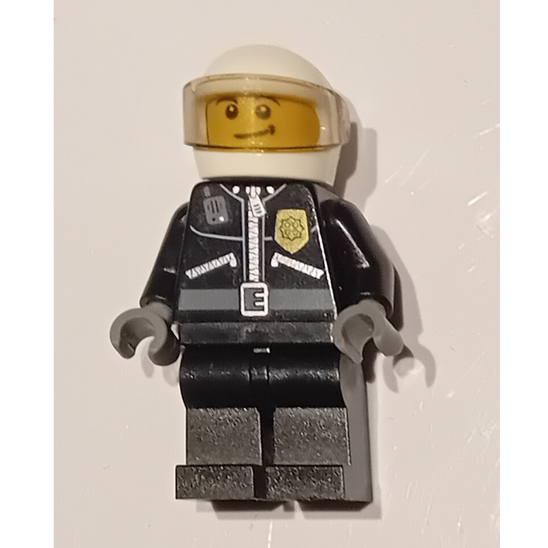 LEGO Policeman, Black Jacket with Zipper, Radio, and Badge, White Helmet and Visor, Brown Eyebrows (fig-008236)