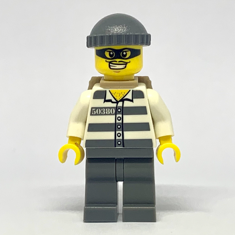 LEGO Criminal, Prison Shirt with #50380, Dark Bluish Gray Legs, Dark Bluish Gray Hat, Backpack, Black Eyemask (fig-008237)