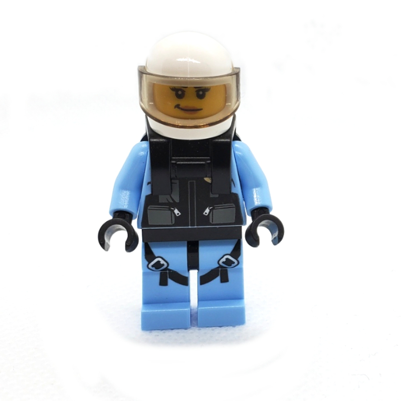 LEGO Policewoman, Black Vest with Badge and Pouches over Bright Light Blue Shirt, White Helmet with Trans-Brown Visor, Neck Bracket (fig-008238)