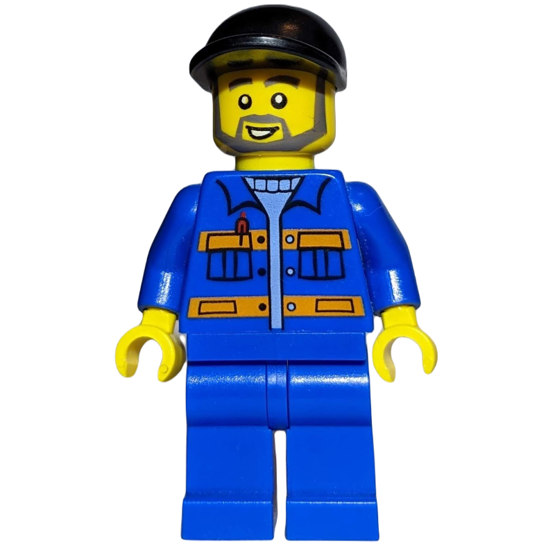 LEGO Construction Worker, Blue Jacket with Orange Stripes, Blue Legs, Black Cap, Beard (fig-008240)