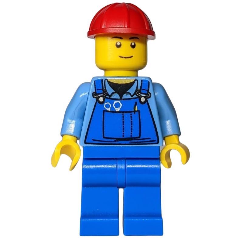 LEGO Construction Worker, Blue Overalls over Medium Blue Shirt, Red Hard Hat (fig-008241)