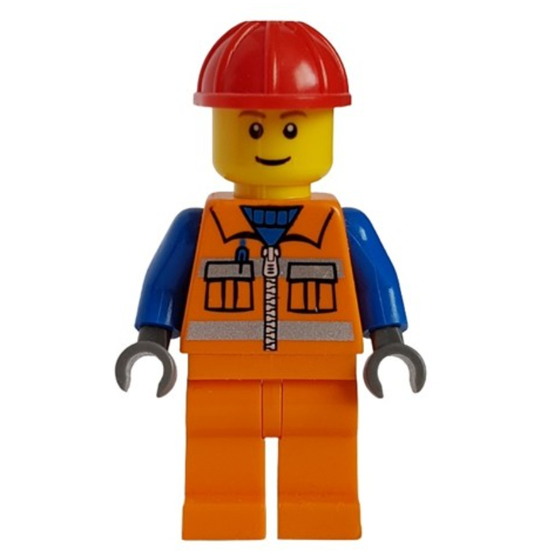 LEGO Construction Worker, Orange Safety Vest with Zipper and Pockets, Orange Legs, Red Hard Hat (fig-008244)