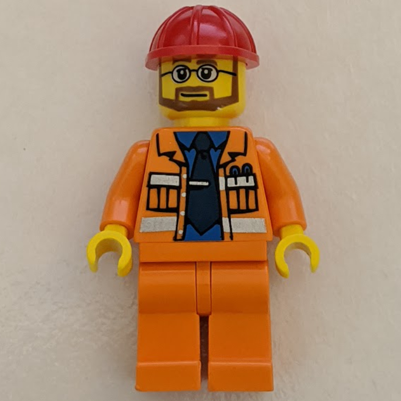LEGO Construction Worker, Open Orange Jacket over Blue Shirt with Tie, Red Hard Hat, Beard and Glasses (fig-008245)