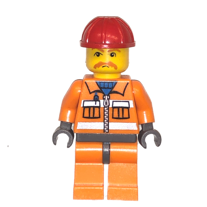 LEGO Construction Worker, Orange Jacket with Zipper and Reflective Stripes, Orange Legs, Red Hard Hat, Moustache (fig-008265)