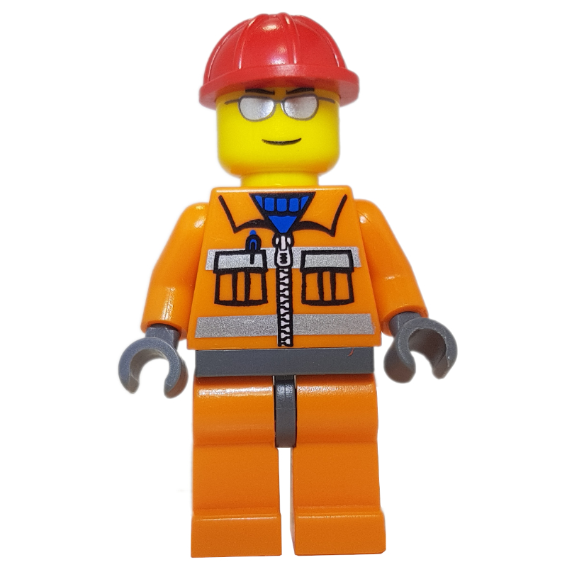 LEGO Construction Worker, Orange Jacket with Zipper and Reflective Stripes, Orange Legs, Red Hard Hat, Silver Sunglasses (fig-008266)