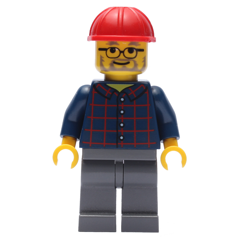 LEGO Man, Dark Blue Plaid Shirt, Dark Bluish Gray Legs, Red Hard Hat, Beard and Glasses (fig-008267)