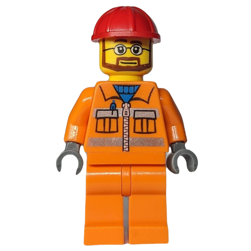 LEGO Construction Worker, Orange Jacket with Zipper and Reflective Stripes, Orange Legs, Red Hard Hat, Beard and Glasses (fig-008268)