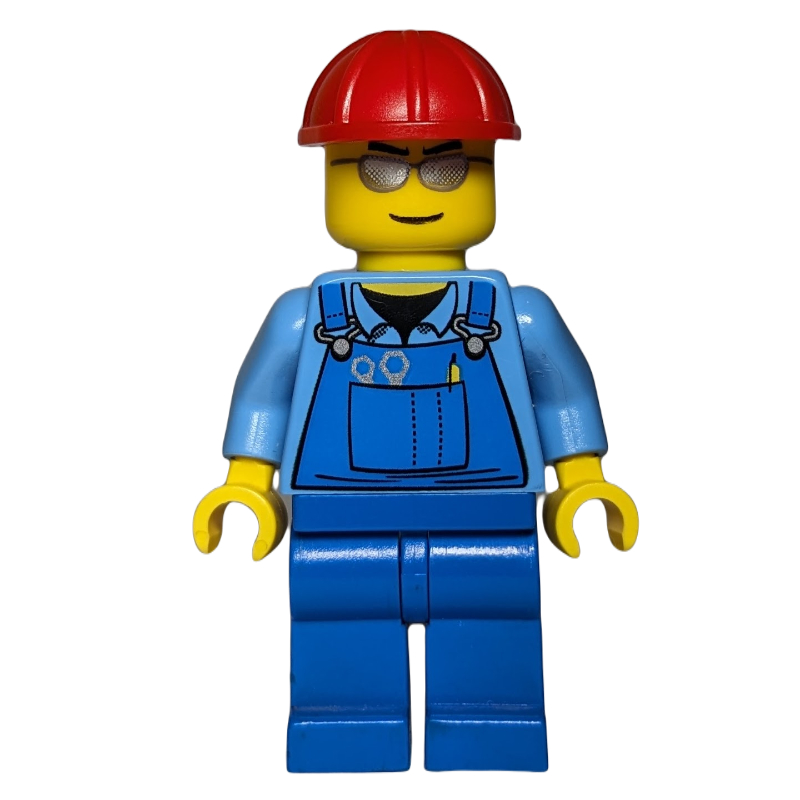 LEGO Construction Worker, Blue Overalls over Medium Blue Shirt, Red Hard Hat, Silver Sunglasses (fig-008269)