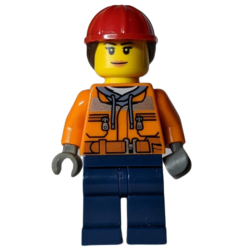 LEGO Construction Worker, Woman, Safety Jacket over Hoodie with Belt, Dark Blue Legs, Red Hard Hat with Hair (fig-008270)